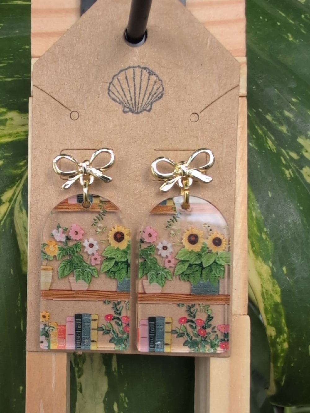 Floral Shelf Sunflower Acrylic Drop Earrings with Gold Bow